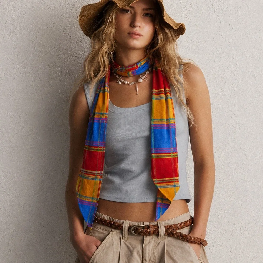 Liz Claiborne Vintage Plaid Skinny Scarf Womens OS Multi Color Silk Feel Size OS